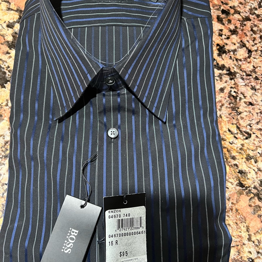 Men dress shirt new with tag Black with blue and silver stripes